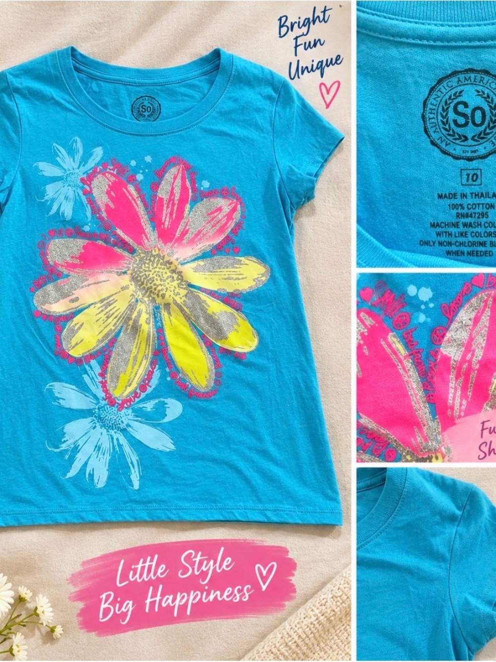 SO Turquoise Tee with Pink and Yellow Floral Graphic